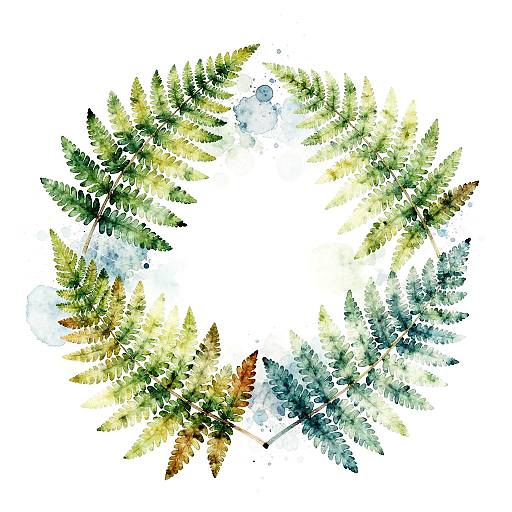 Watercolor circular arrangement of fern leaves in green, yellow, and blue hues, forming a ring on a white background.