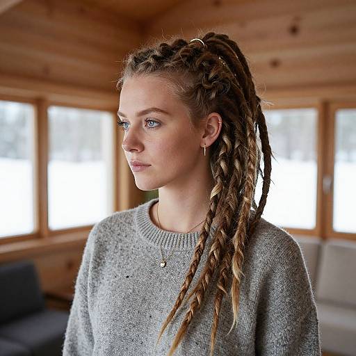 Photograph of a young woman with long, blonde dreadlocks, wearing a gray sweater, standing in a wooden, sunlit room.