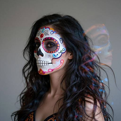 Photograph of a woman with long black hair, wearing a colorful Day of the Dead sugar skull face paint, against a gray background. Her painted face