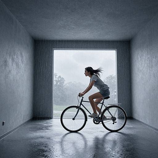 Photograph of a silhouetted girl in a grey t-shirt and shorts riding a bike in a rain-filled, concrete-walled hallway with a