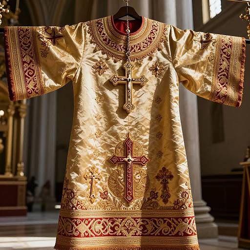 Photograph of an ornate, golden liturgical vestment with intricate red embroidery, hanging in a sunlit, columned church interior.