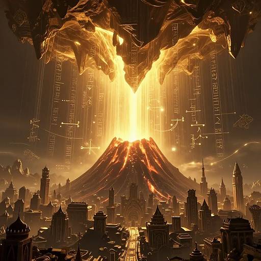 Digital artwork of a volcanic eruption in a futuristic city, with fiery lava spewing from a central volcano, engulfing skyscrapers and casting dramatic,