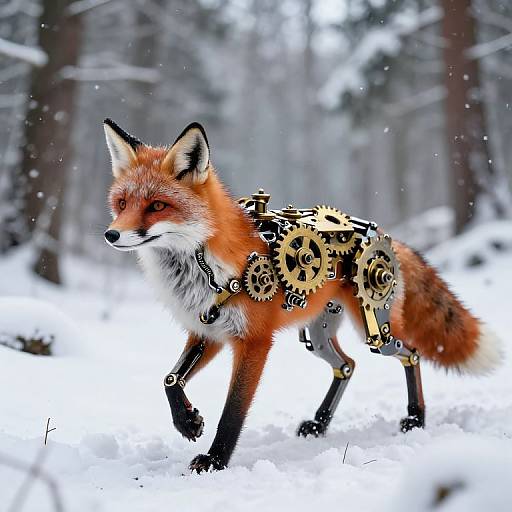 Photograph of a red fox with mechanical gears integrated into its fur, walking through a snowy forest with blurred trees.