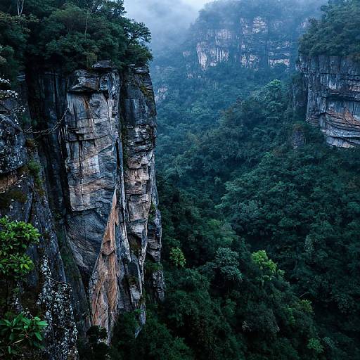 Photograph of a misty, dense forest with towering, rugged cliffs covered in dark green foliage. Jagged rock faces with orange streaks rise dramatically