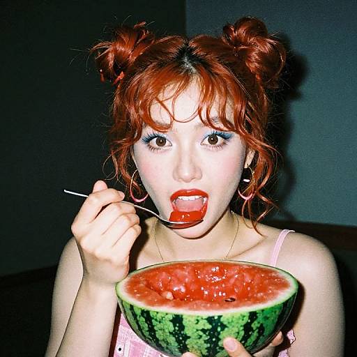 Photograph of a shocked Asian woman with red hair in double buns, eating watermelon with a spoon, wearing red lipstick and hoop earrings, against