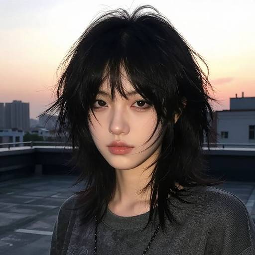 Photograph of an Asian woman with messy black hair, wearing a dark sweater, standing on a rooftop at sunset, cityscape in background.