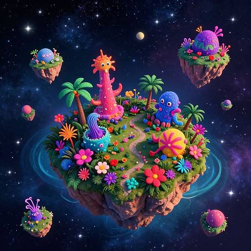 Vibrant, whimsical digital artwork of a floating island in space, adorned with colorful flowers, palm trees, and playful alien-like creatures.