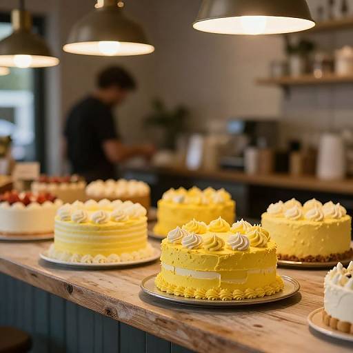 Photograph of four brightly lit yellow and white frosted cakes on a wooden counter in a cozy, rustic bakery, with a blurred baker in the background