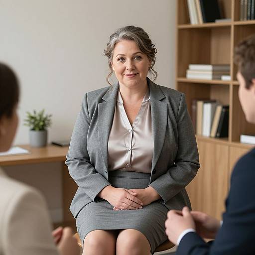 Photograph of a smiling middle-aged woman with gray hair in a gray suit and white silk blouse, seated in an office with wooden bookshelves and