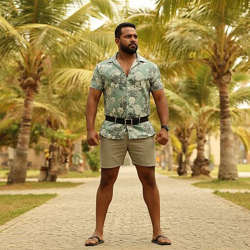 Photograph of a muscular, bearded man with short black hair, wearing a green floral shirt, beige shorts, black belt, and sandals, standing