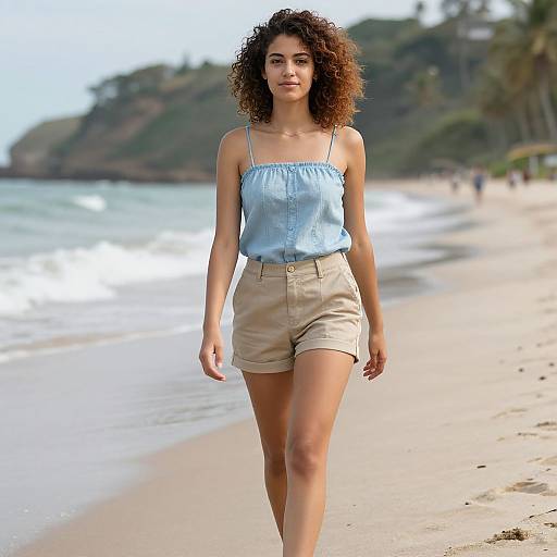 Photograph of a curly-haired woman with light brown skin, wearing a light blue sleeveless top and beige shorts, walking on a sunny, sandy beach