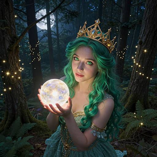 Photograph-style digital art: Green-haired fairy with golden crown, glowing green eyes, holding a radiant orb in moonlit forest, surrounded by twinkling