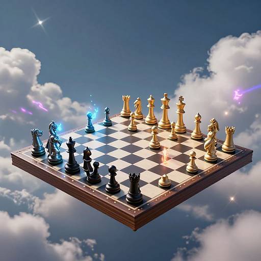 Floating chessboard with glowing black and gold pieces against a blue sky with clouds, surrounded by sparkling stars. Digital art.