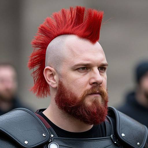 Photograph of a bearded man with a red mohawk, bald sides, and black armor, looking serious, with blurred background.