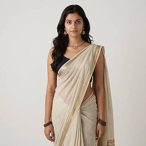 Photograph of an Indian woman with long black hair, wearing a cream and gold saree, black blouse, gold necklace, and bracelets, against a