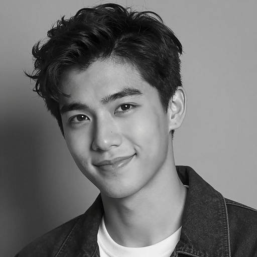 Young Asian man smiling in black and white