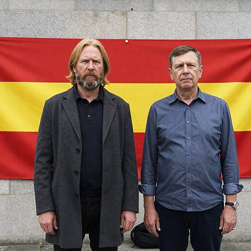 Serious Men Beneath Vibrant Banner