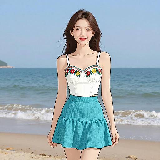 Digital illustration of an Asian woman with long black hair, wearing a white floral top and blue skirt, standing on a sunny beach with gentle waves.