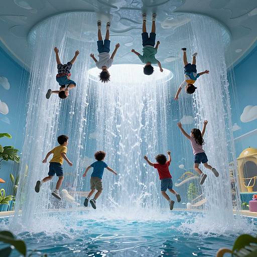 Photograph of six children, upside down, joyfully jumping through a cascading water curtain in a playful, colorful indoor water play area.