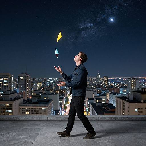 Man Juggling Comet Shapes on Urban Rooftop at Night