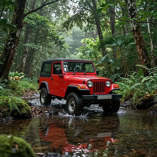 Red Jeep Crossing Forest Stream