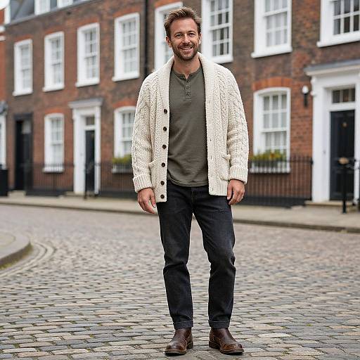 Man in Cable-Knit Cardigan on Cobblestone Street