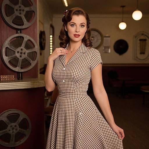 Photograph of a fair-skinned woman with vintage curled brown hair, wearing a black-and-white checkered 1950s-style dress, standing in