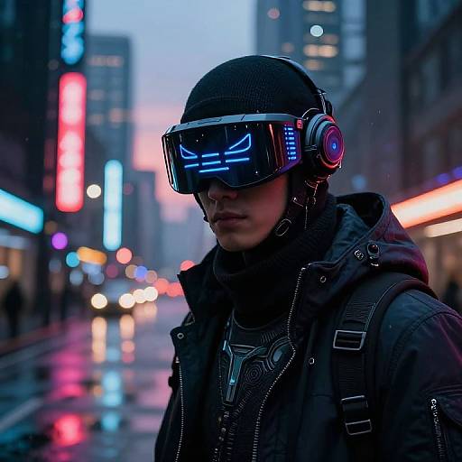 Cyberpunk street scene: Asian man in black hoodie, futuristic visor with blue neon lines, headphones, standing on wet, illuminated urban street.