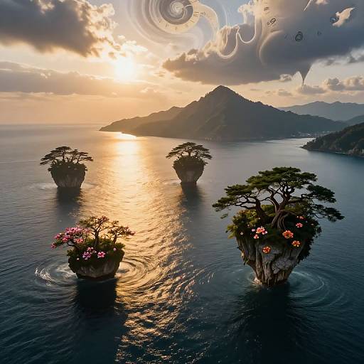 Surreal Aerial Landscape with Floating Blooms