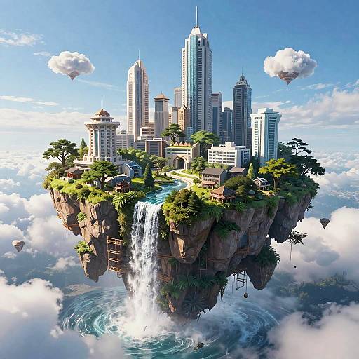 Digital illustration of a floating city with skyscrapers, lush greenery, a waterfall, and cloudy sky backdrop, surrounded by floating islands.