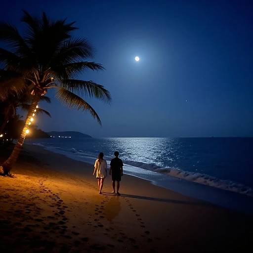 Photograph of a couple walking on a moonlit beach at night, with palm trees illuminated by string lights on the left.