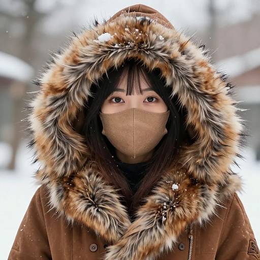 Masked Person in Fur Hooded Outfit