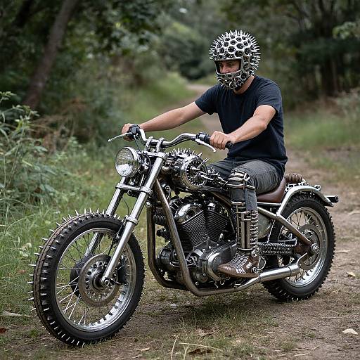 Photograph of a muscular man with a spiked black helmet and face mask, riding a silver and black motorcycle on a dirt path in a forest.