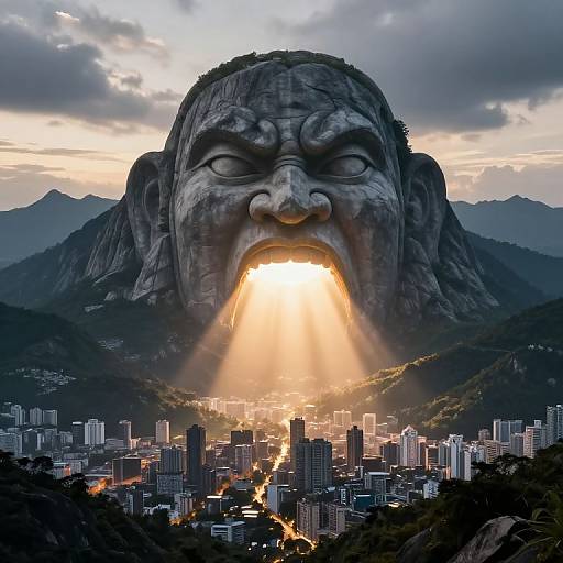 Photograph of a massive stone ogre face with a wide, roaring mouth, sunlight streaming through, illuminating a cityscape below. Mountains in the
