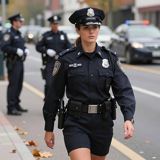 Female Police Officer Patrolling Urban Street