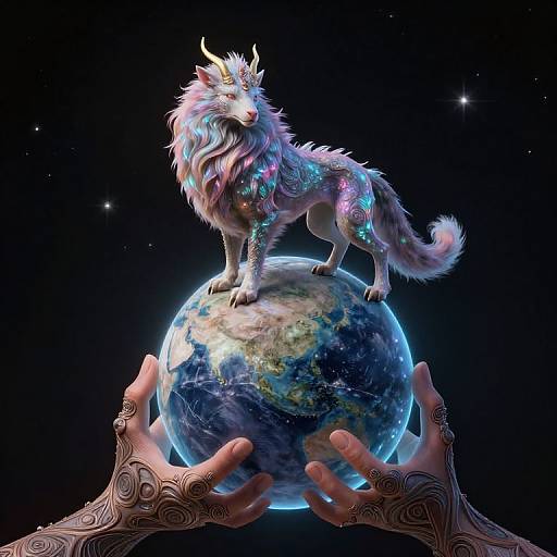 Digital artwork of a glowing, multicolored, wolf-like creature with horns standing on a glowing Earth, held by intricate, tattooed hands in a