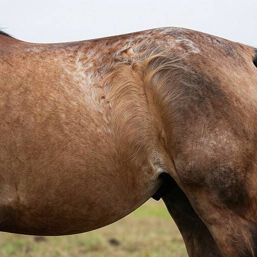 Close-up photograph of a brown horse's back, showing detailed texture of its coat, hairline, and slight shadow under the tail.