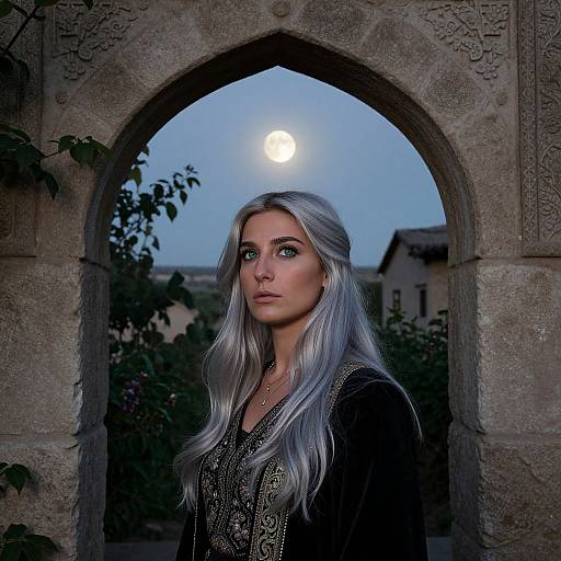 Middle Eastern Woman Portrait Under Moonlight Archway