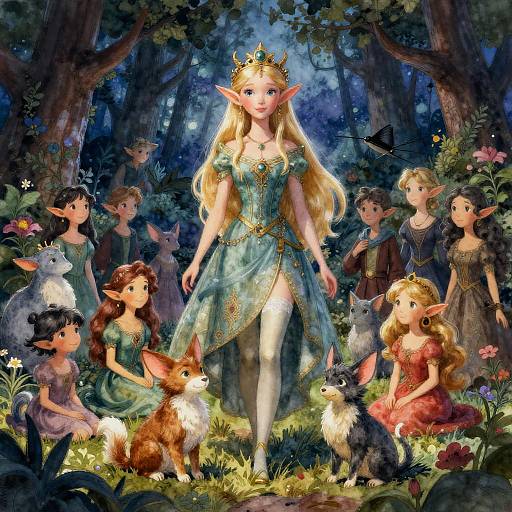 Digital fantasy artwork: Elven princess with long blonde hair, crown, and green dress, surrounded by seven fairy-like children and magical creatures in a moon