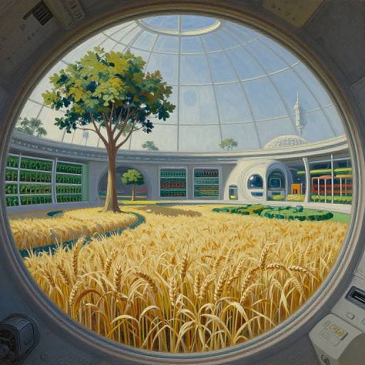 Digital artwork of a futuristic greenhouse viewed through a circular window, featuring golden wheat fields, a tree, and dome-shaped architecture.