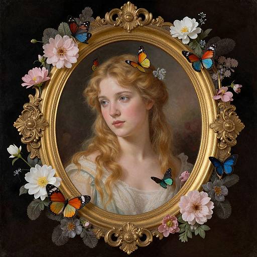 Digital painting of a fair-skinned, red-haired woman in an ornate gold frame, surrounded by colorful butterflies and pink flowers.