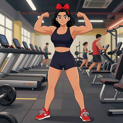 Digital anime-style drawing of a muscular woman with black hair, red bow, black sports bra and shorts, red sneakers, flexing in a busy gym