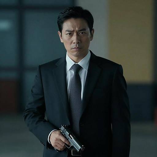 Intense Man in Black Suit with Handgun