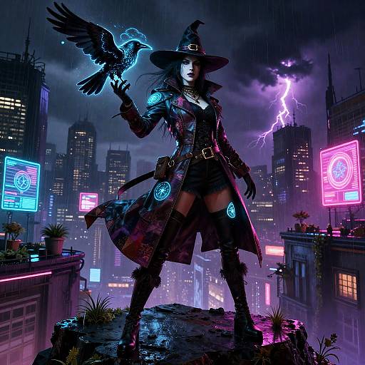 Cyberpunk Witch with Holographic Raven