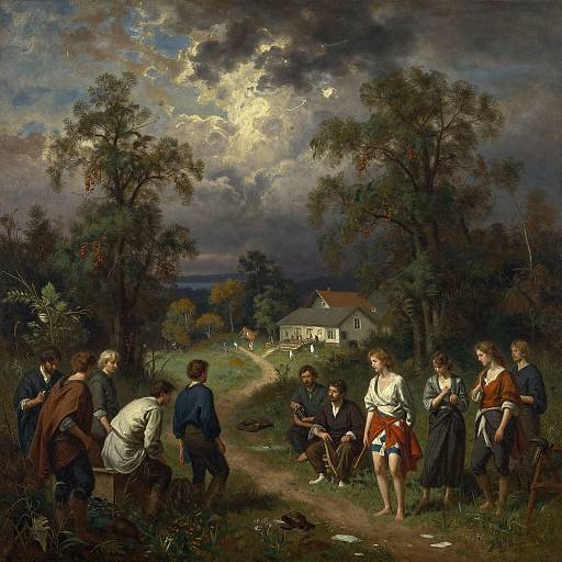 17th-century oil painting of a rural night scene with nine people, wearing period clothing, gathered on a dirt path under a moonlit, cloudy sky