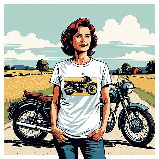 Middle-aged Woman with Vintage Motorcycle in Countryside