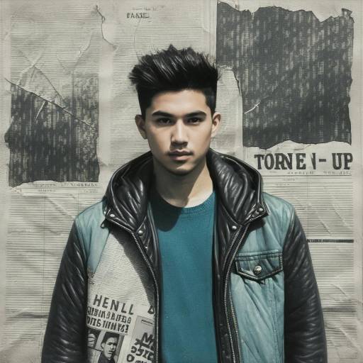Young Man in Vintage Leather Jacket with Torn Newspaper Overlay