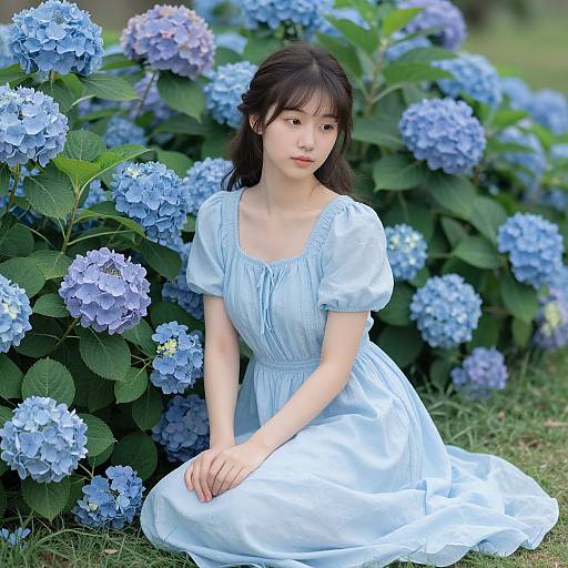 Young Asian woman with straight black hair, wearing a light blue, short-sleeved dress, kneels among vibrant blue hydrangea flowers in a