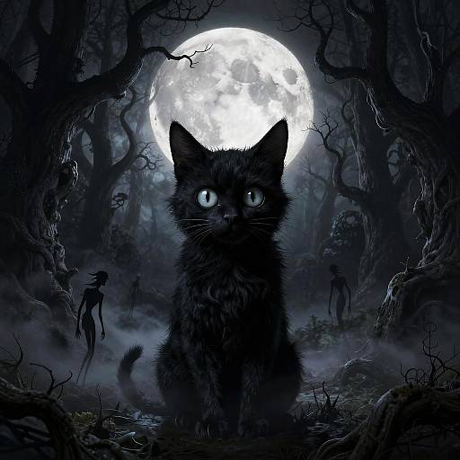 Gothic Cat in Twisted Moonlit Forest