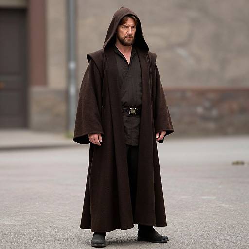 Photograph of a bearded man in a long, dark brown hooded cloak, black tunic, and boots, standing on a gray, paved